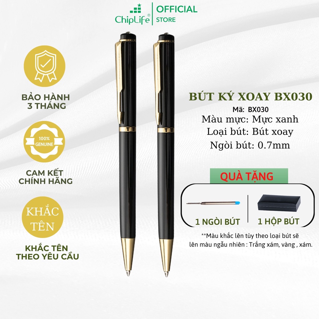Bút kim loại xoay CHIPLIFE XT010 khắc tên - Đen viền vàng ngòi 0.7mm mực xanh