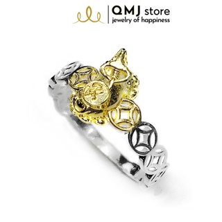 QMJ Nhẫn Trâu ôm thỏi vàng bạc 925 mạ vàng, ngày vía thần tài, may mắn