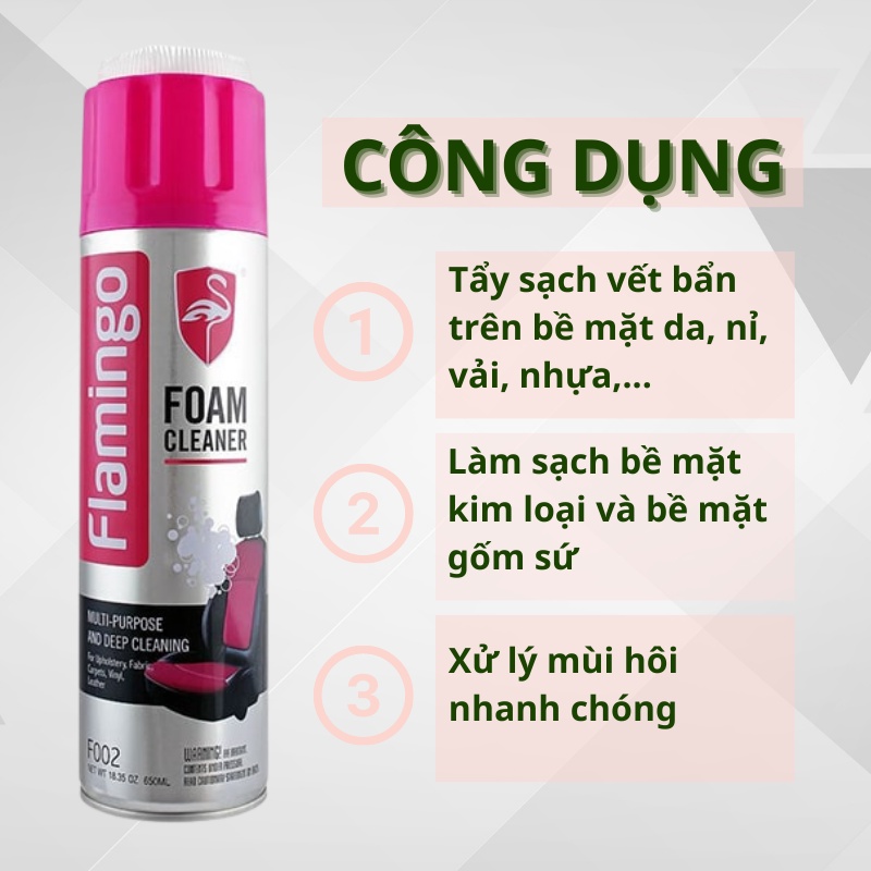 Bình xịt vệ sinh nội thất oto, ghế da ô tô dạng bọt Flamingo F002 650ml