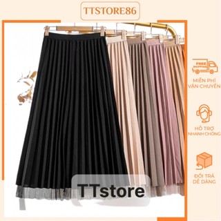 Chân váy xếp ly dáng dài mặc được 2 mặt, chân váy quảng châu nhiều mầu sắc, dễ phối đồ
