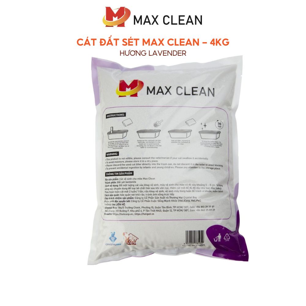 Cát vệ sinh cho mèo Max Clean, Cát đất sét hương Lavender, siêu vón, ít bụi, khử mùi tốt, 4kg 8 lít - Max Clean