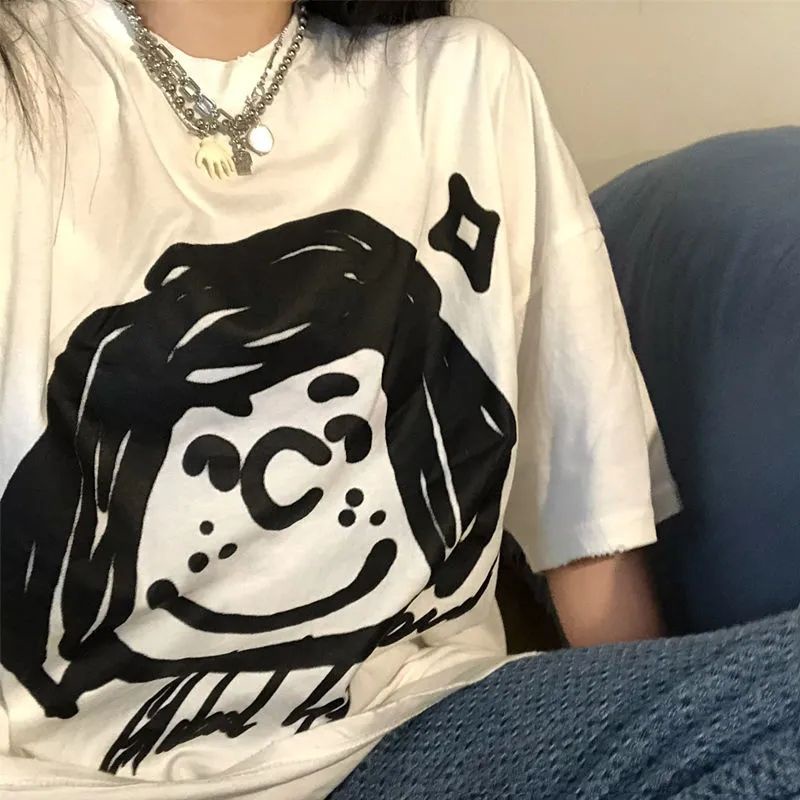 Jiashucheng Áo Thun Cotton Nguyên Chất Tay Ngắn Dáng Rộng In Họa Tiết Hoạt Hình Phong Cách Harajuku Hàn Quốc Thời Trang Mùa Hè