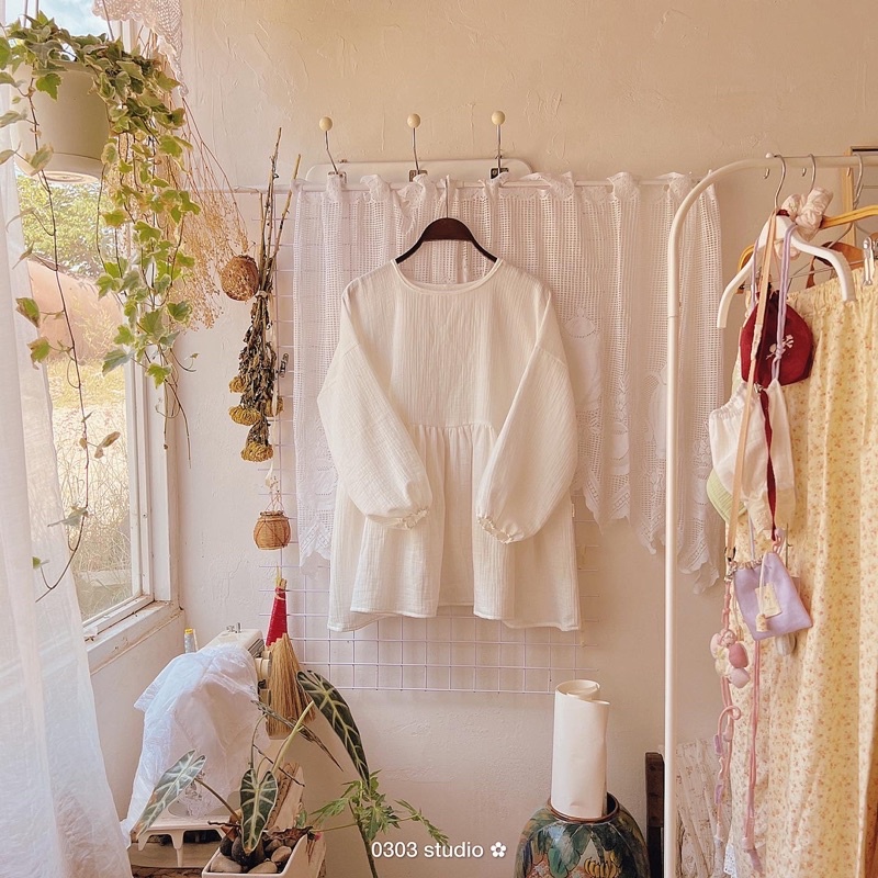| 0303 studio | áo cổ tròn dài tay muslin - dòng Bông Mây