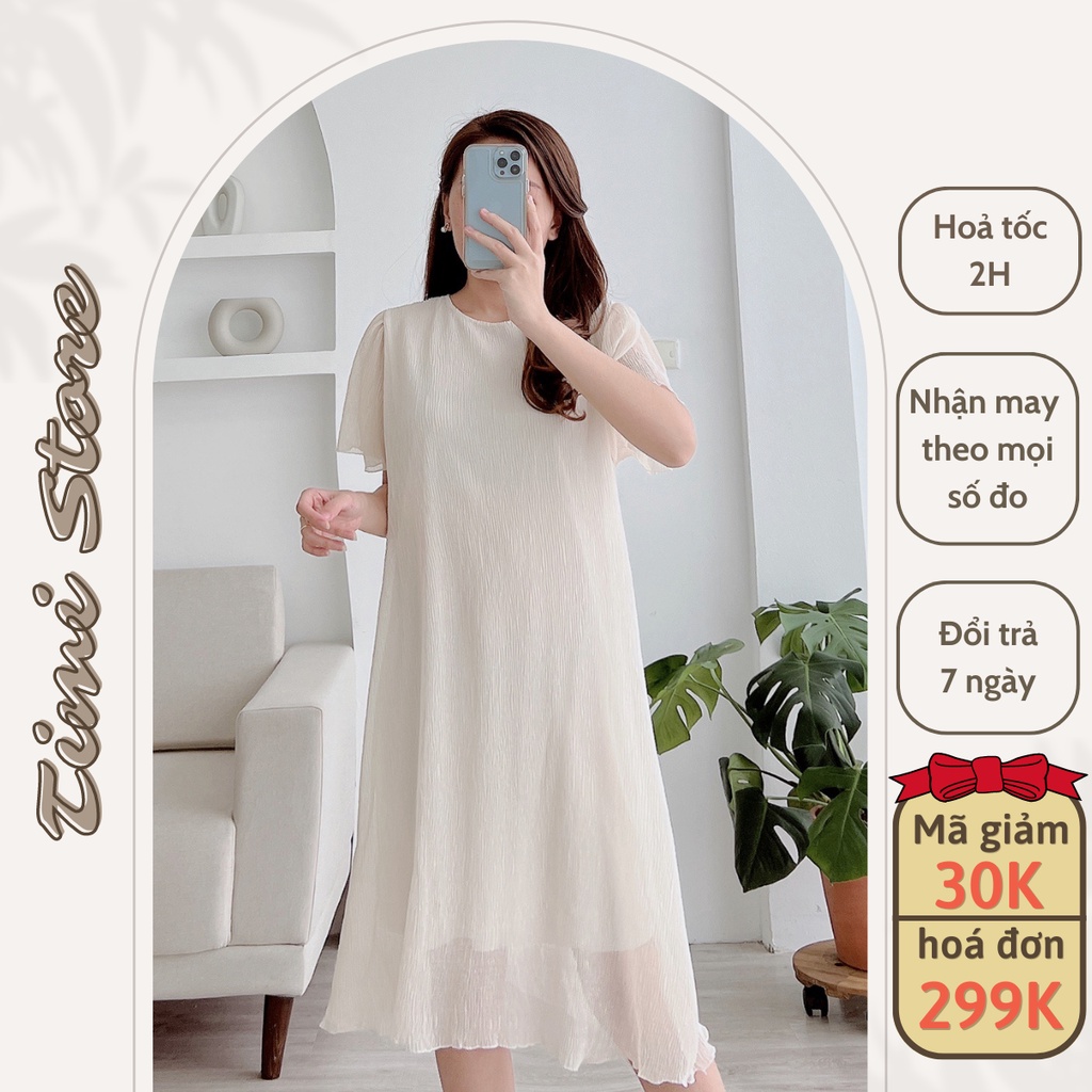 Đầm Bầu Thiết Kế-Váy Suông TiMi chất voan hàn 2 lớp tay chuông có 4 màu trắng, hồng , nâu , cốm nhẹ nhàng _ TM041