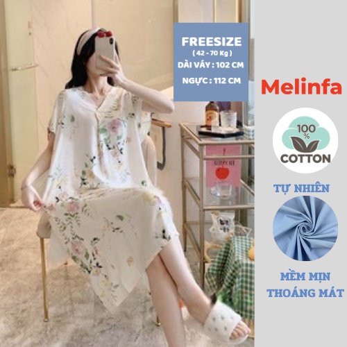 Váy ngủ ngắn tay vải Cotton lụa tự nhiên mềm mại thoáng mát, đầm mặc nhà mùa hè cổ V freesize rộng rãi mã VAV0222 | BigBuy360 - bigbuy360.vn