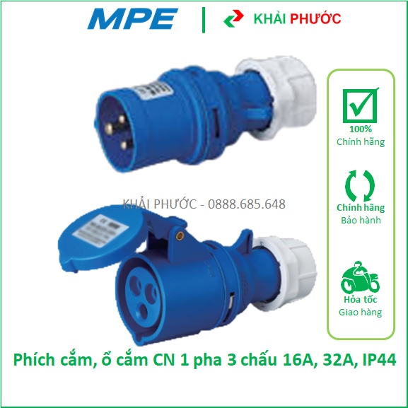 Phích cắm đực ổ cắm cái 1 pha 3 chấu 16A 32A IP44 công nghiệp MPE MPN-013 MPN-023 MPN-213 MPN-223 MPE - Khải Phước