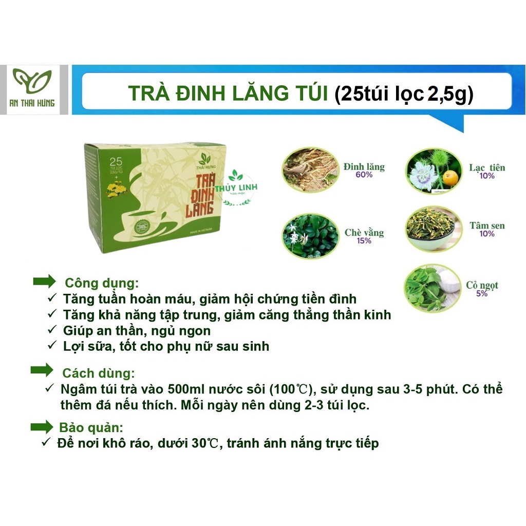 Trà Đinh Lăng túi lọc THÁI HƯNG - An thần, ngủ ngon, Giảm Stress