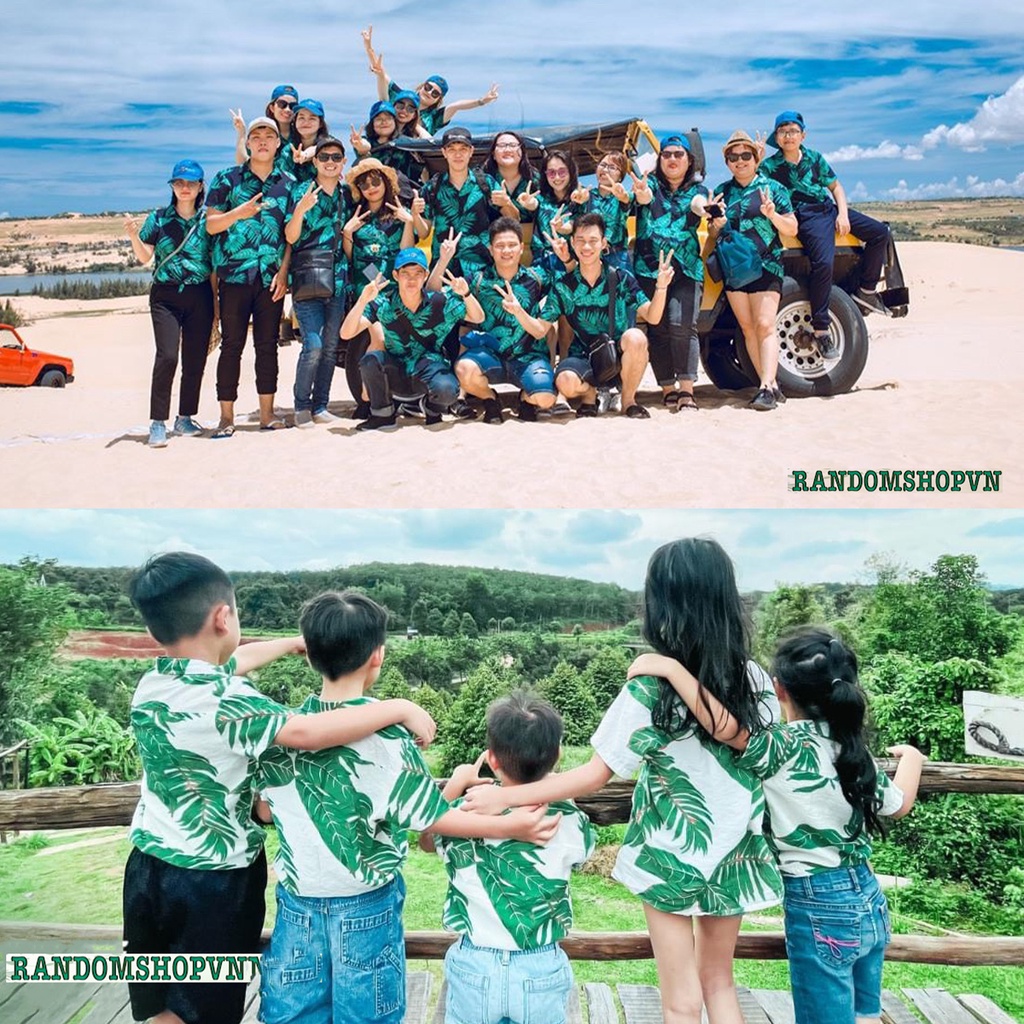 Áo Sơ Mi Đi Biển Vải Đũi Mềm Mát phong cách hawaii họa tiết hoa lá chim cò mặc nhóm đồng phục đi biển áo lớp sơ mi