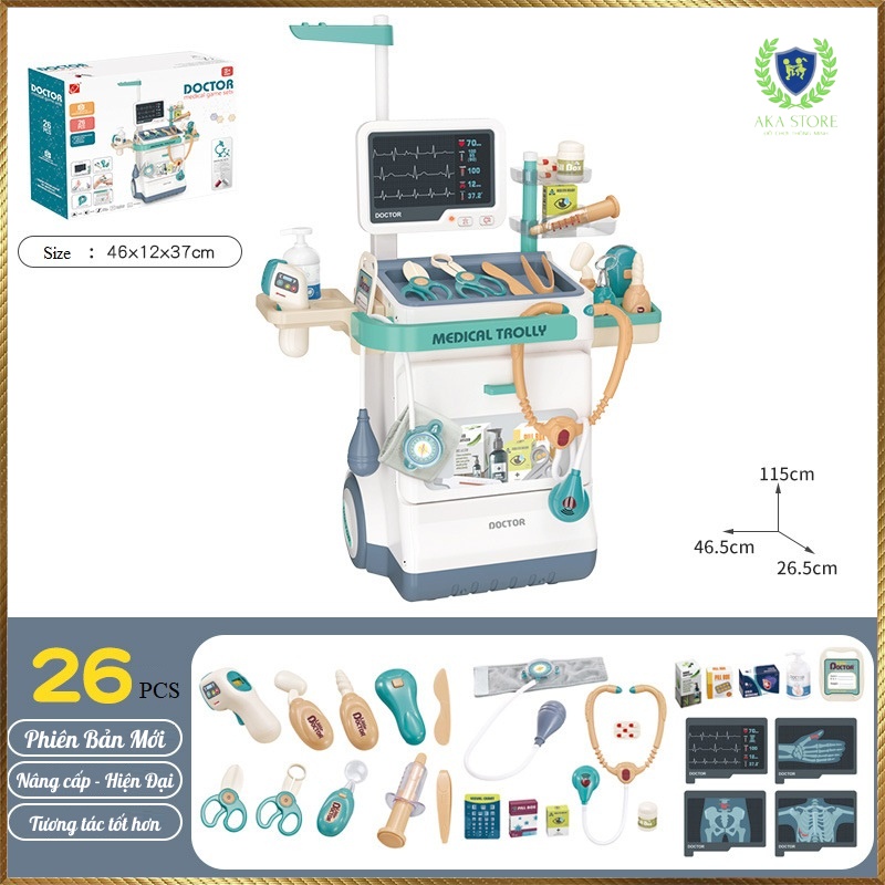 Đồ chơi bác sĩ cao cấp có xe đẩy, bộ đồ chơi bác sĩ cho bé gái bé trai làm từ nhựa nguyên sinh ABS cao cấp