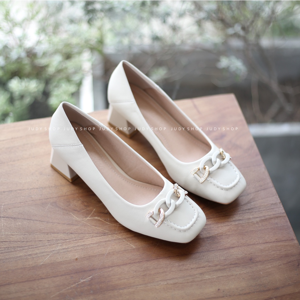 Giày Công Sở Nữ - Giày Gót Vuông Da Mềm khuy Xích Cao 4p QCCC