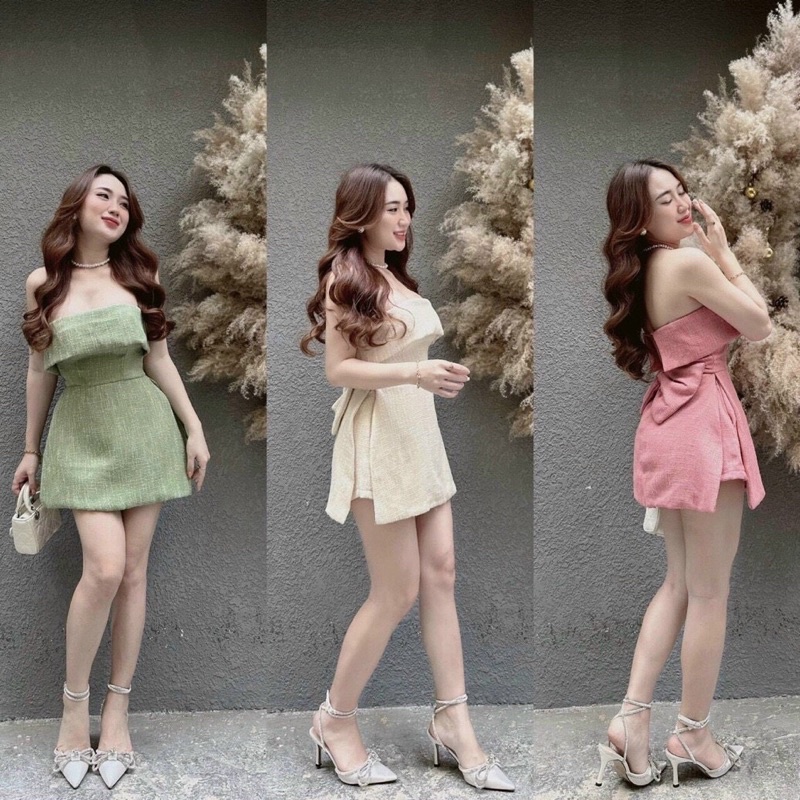 Set Thiết Kế Vải Dạ Xước Cúp Ngực Nơ Sau Lưng Kèm Quần Cap Cao Sang Chảnh Thời Trang Nữ ANH Clothing