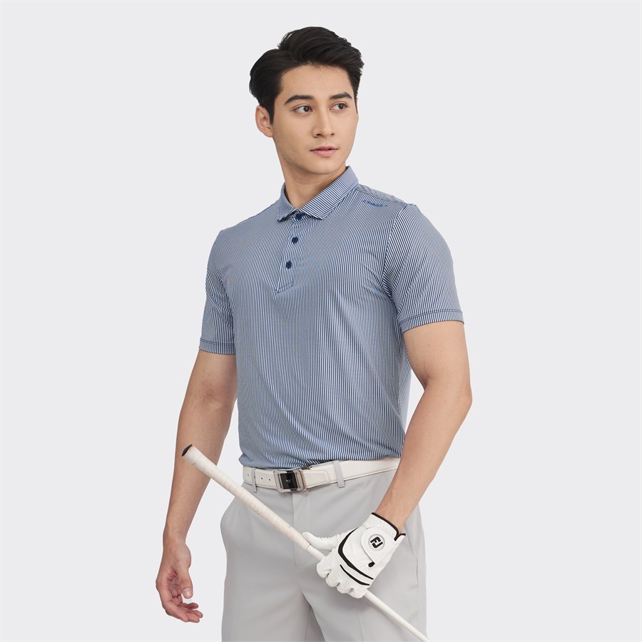 Áo polo ngắn tay ARISTINO dáng Golf fit khỏe khoắn, họa tiết trắng kết hợp sọc xanh hiện đại- APSG23S2