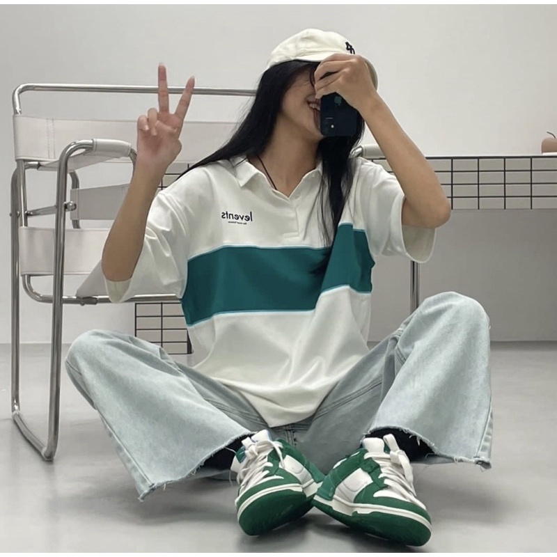Áo Polo  Nam Nữ  Kẻ Ngang Xanh Unisex Chất  Cotton