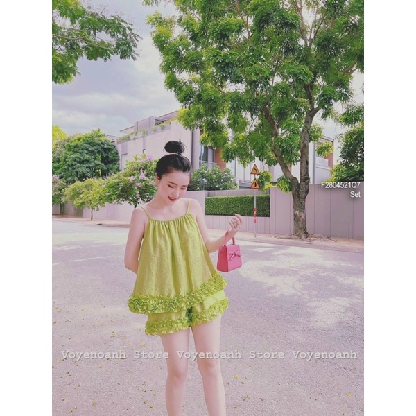Set Bộ 2 Dây Suôn Viền Bèo Kèm Quần Short Xinh Xắn