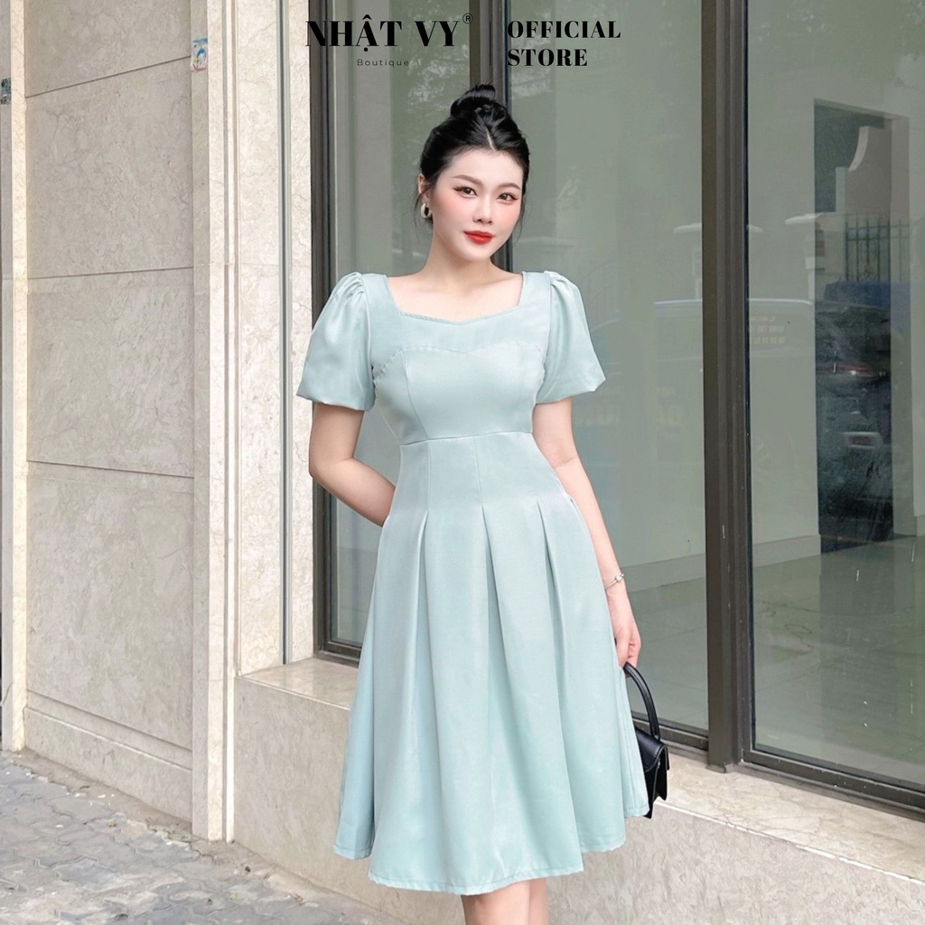 Đầm dự tiệc Nhật Vy cổ vuông ngực viền chỉ nổi chiết eo dáng xoè chất lụa phù hợp đi chơi công sở nhẹ nhàng - D2651