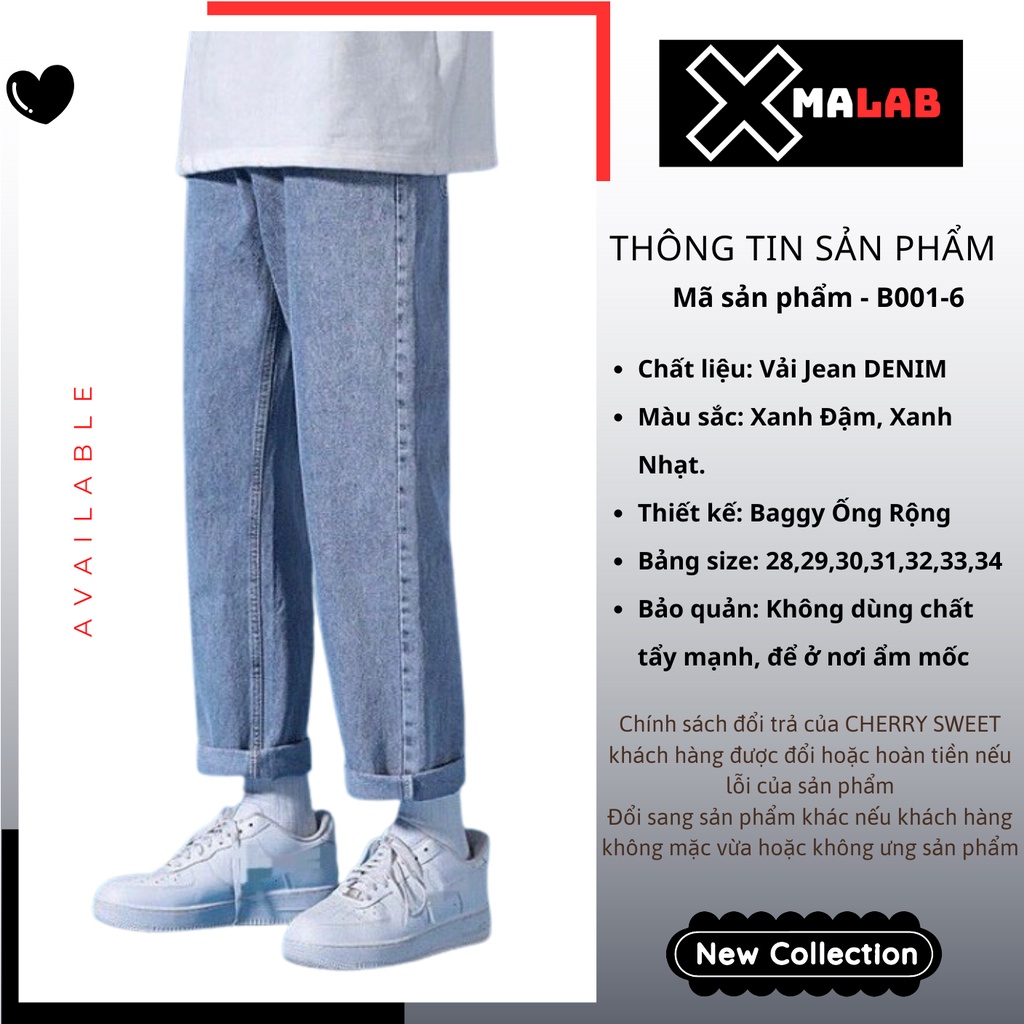 Quần jean nam ống rộng XMALAB dáng suông trơn màu xanh cá tính, chất bò xịn dễ phối cao cấp thời trang Hàn Quốc B001-6
