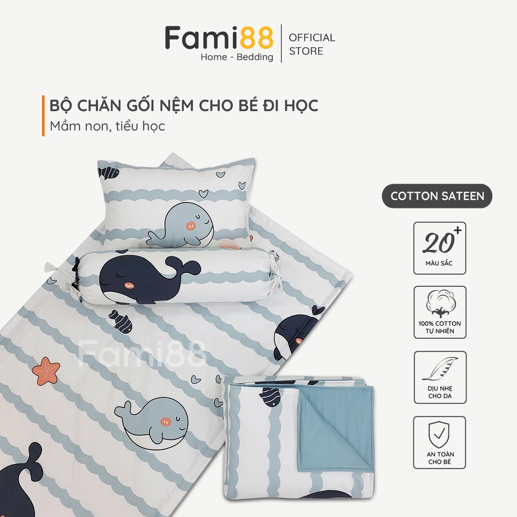 Bộ chăn gối nệm cho bé đi mẫu giáo tiểu học Fami88 Bedding, mền trẻ em 2 3 4 5 6 7 8 tuổi 100% Cotton tự nhiên êm mát