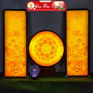 Đèn Hào Quang Phật In Tranh Trúc Chỉ Bộ Đôi CHÂN THIỆN MỸ, Trang Trí Bàn Thờ, Hào Quang Trúc Chỉ Mandala Hoa Sen CCDT-01