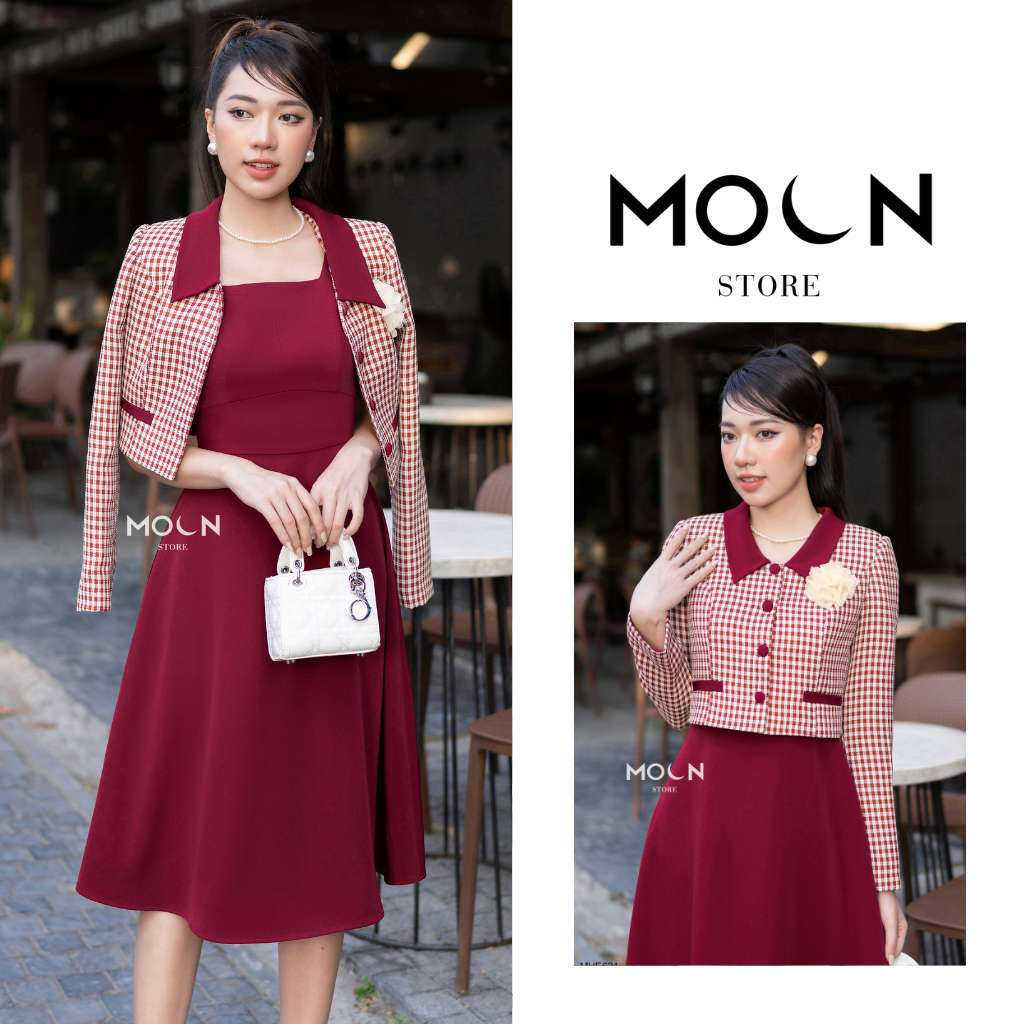 Set váy áo công sở chất tuytsi kẻ, áo vest ký giả peplum croptop mix váy thu đông dài MVE621 Moon