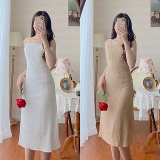 [JAMELA] Váy hai dây cổ yếm chất liệu co dãn hai màu Trắng Nâu