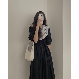 VÁY DÀI TAY BỒNG PHỐI CỔ REN