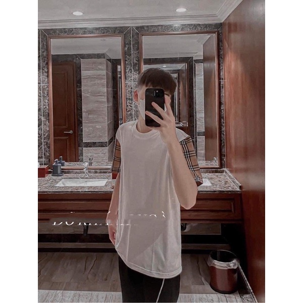 Áo phông phối tay kẻ karo nâu bbr H2A767