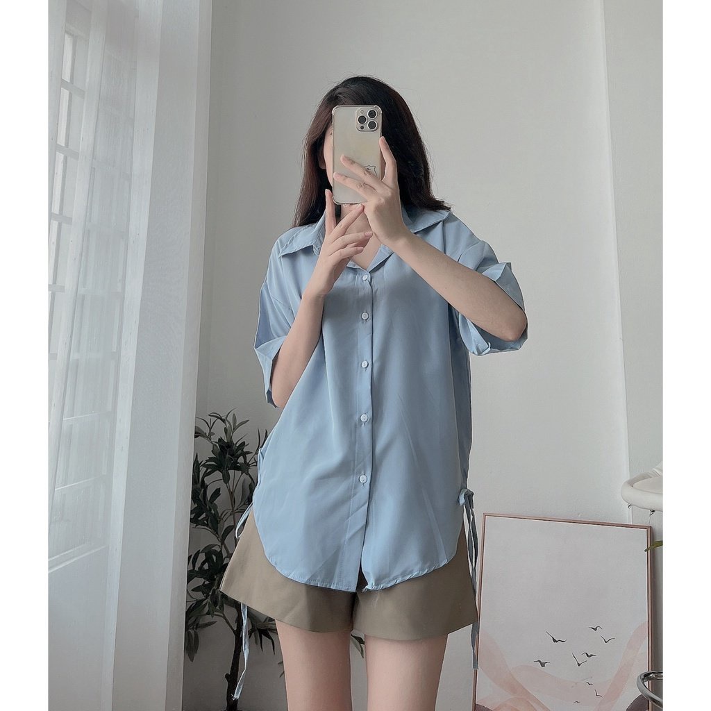 Áo sơ mi nữ cộc tay vạt bầu phối dây buộc xẻ vạt Form rộng
