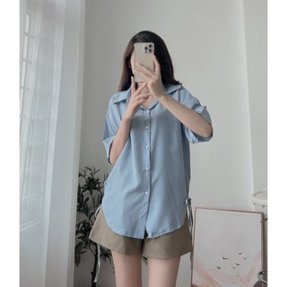 Áo sơ mi nữ cộc tay vạt bầu phối dây buộc xẻ vạt Form rộng