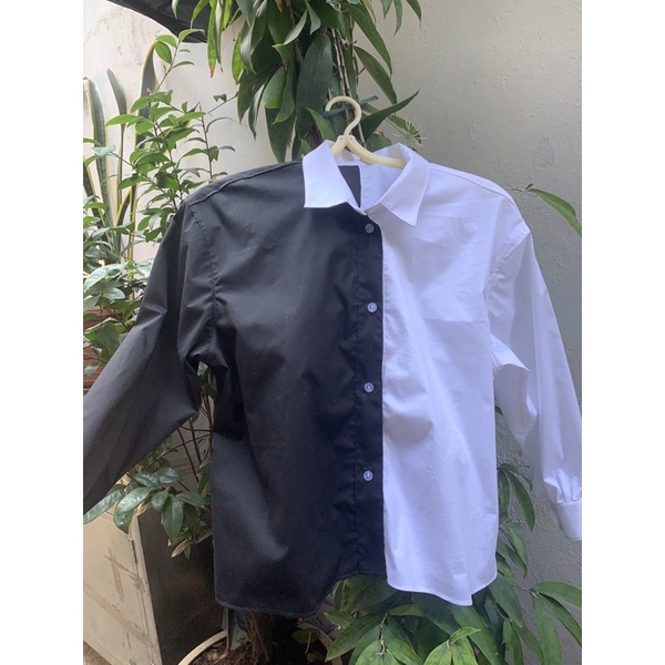 Áo sơ mi 2 line ĐEN - TRẮNG dáng crop ngang rốn dáng suông