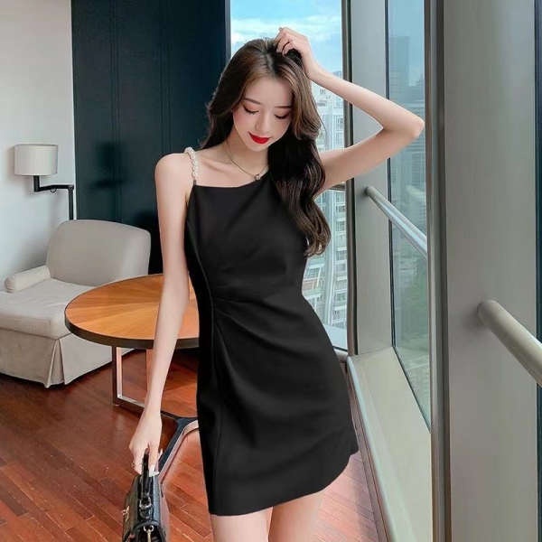 Đầm Hai Dây Mùa Hè Đính Ngọc Trai Hở Vai Phong Cách Pháp Mới Cho Nữ