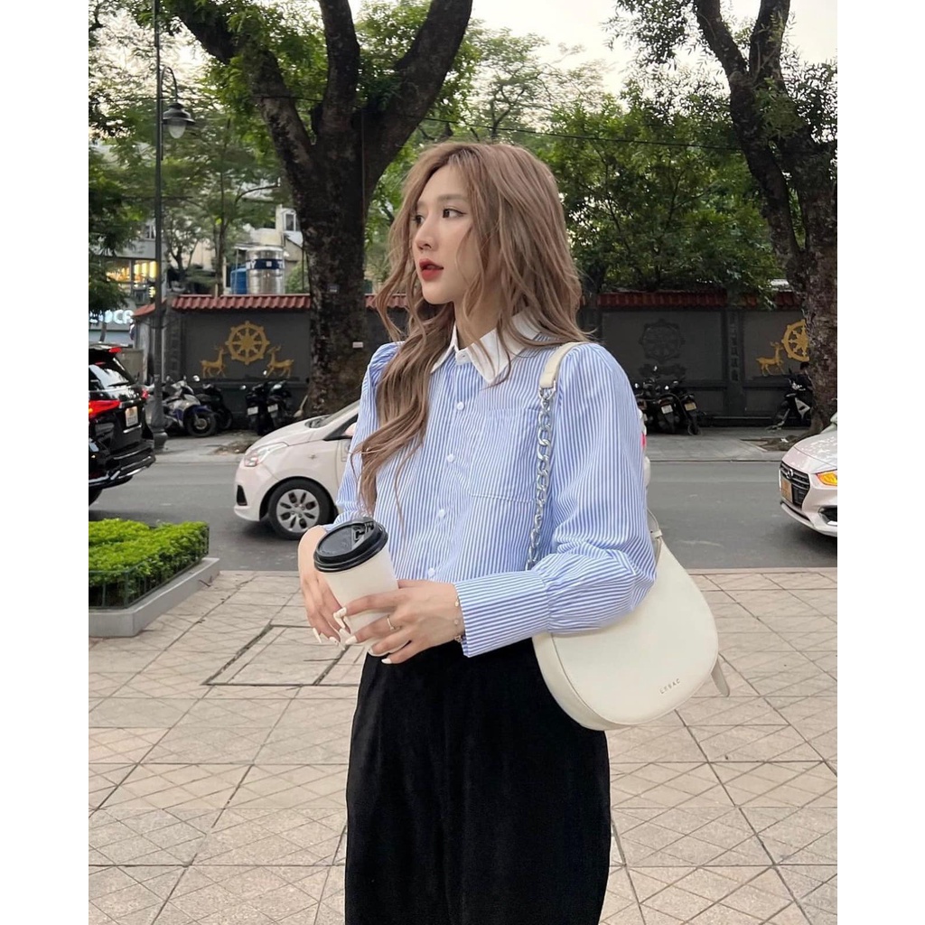 Áo sơ mi nữ croptop kẻ xanh hottrend phong cách Hàn Quốc năng động, áo croptop công sở dáng lửng tay dài