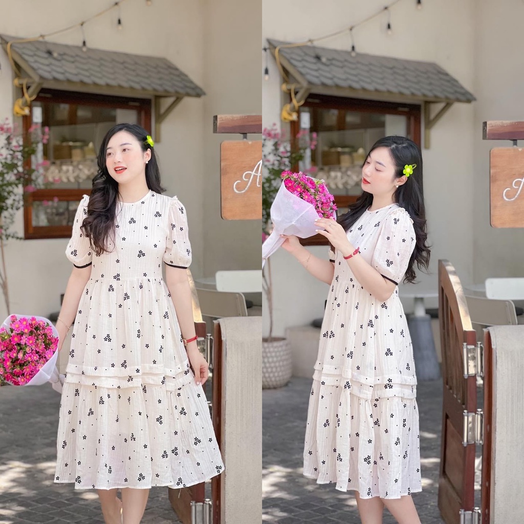 Đầm bầu công sở hàng thiết kế họa tiết hoa đen đẹp sang chảnh, đi làm đi chơi đều được