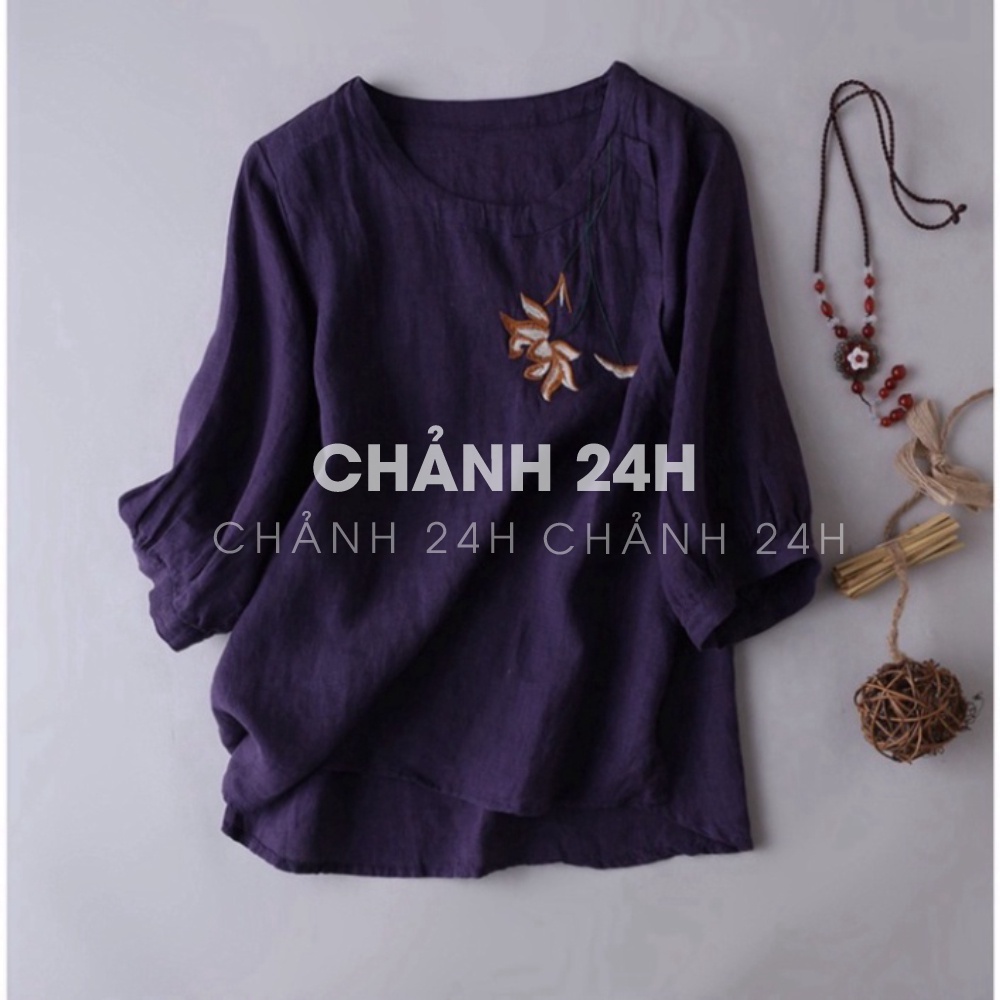Áo trung niên nữ thêu hoa thiết kế tặng mẹ Chảnh 24h áo kiểu form rộng bigsize chất liệu mềm nhẹ mát AKH.64