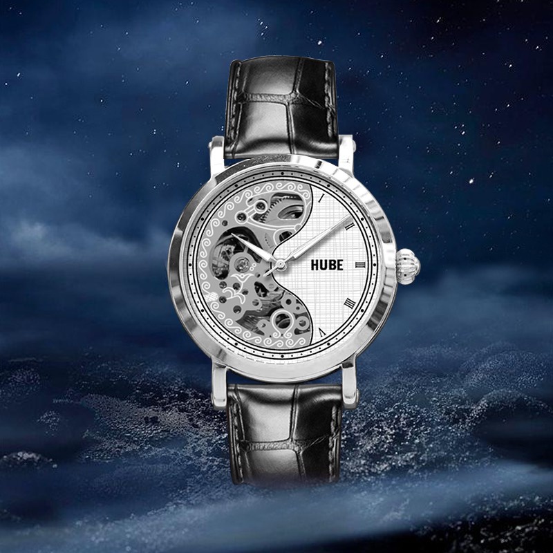 ĐỒNG HỒ CƠ NAM HUBE DÂY DA LỘ CƠ NỬA MẶT - Mẫu mới sang trọng, kính sapphire chống xước
