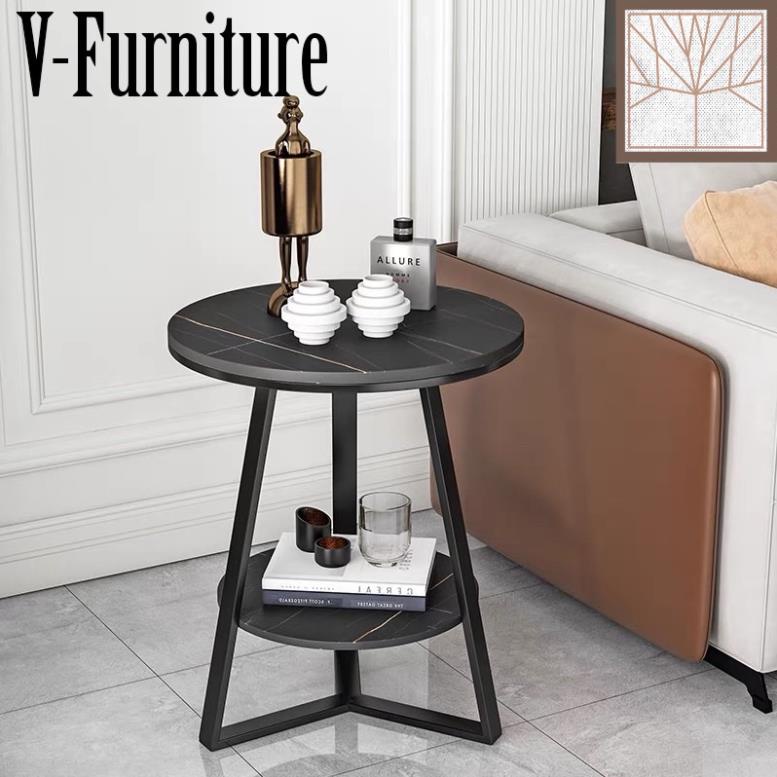 Kệ, bàn góc Sofa phòng khách mặt đá tròn 2 tầng chân kim loại kiểu cánh quạt BG-17 sang trọng, hiện đại