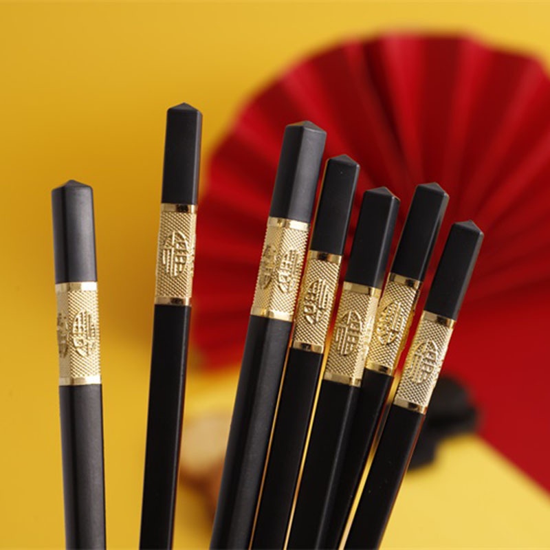 Bộ 10 đôi đũa ăn nấu bếp đen hợp kim sợi thủy tinh đầu mạ vàng chịu nhiệt chống trơn mốc cho gia đình quán ăn nhà hàng