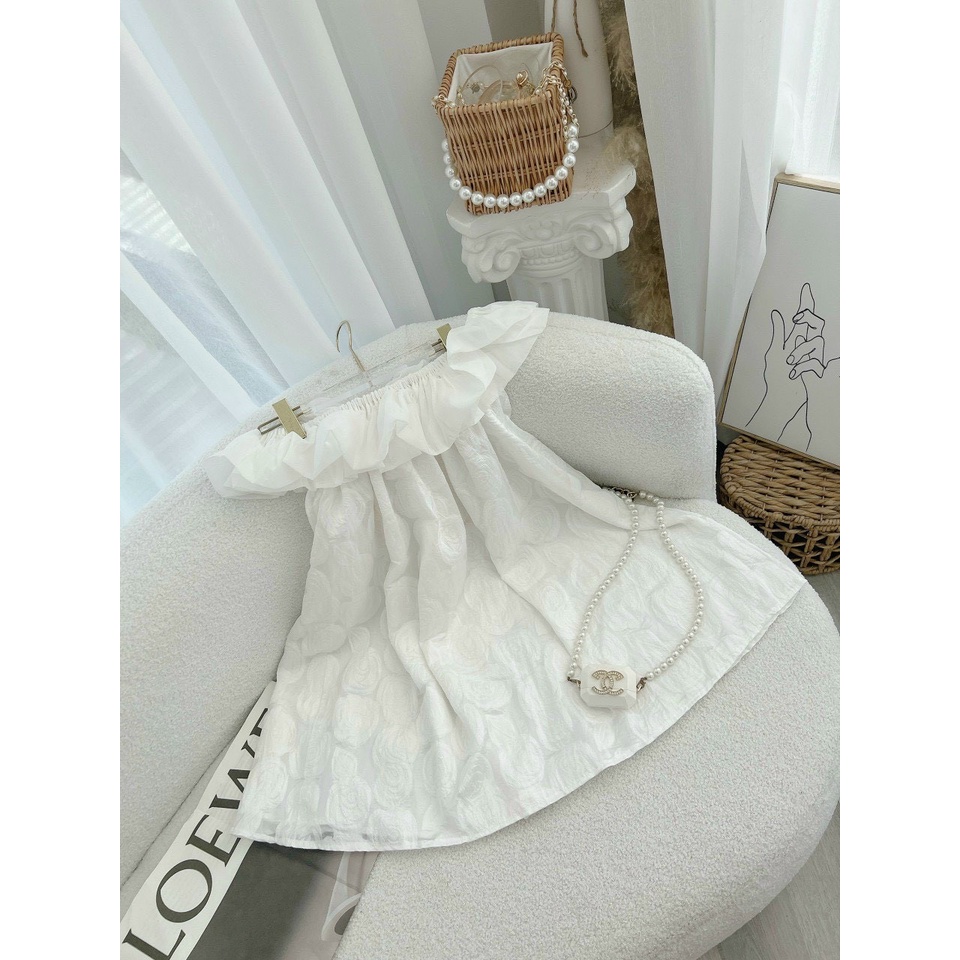 Đầm Váy  Babydoll Trắng Hoa Nổi Trễ Vai