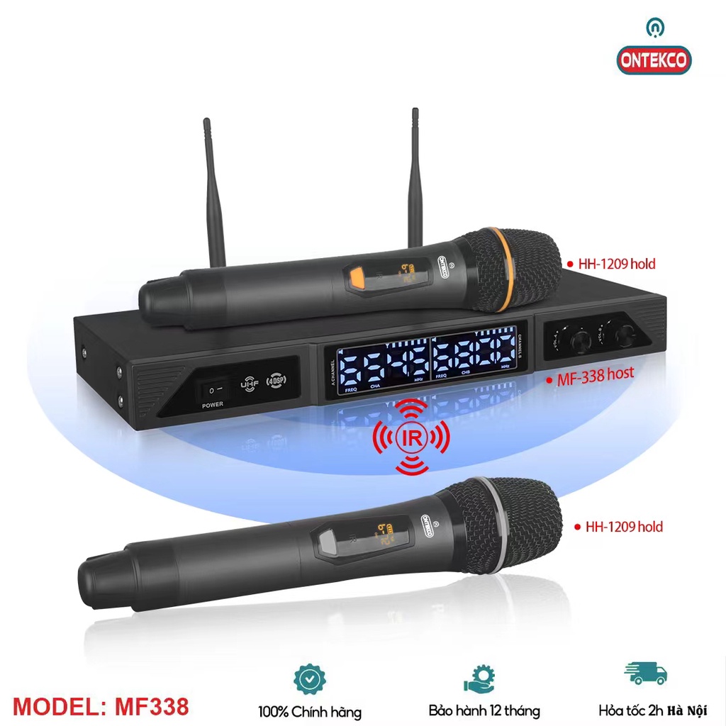 Micro không dây ONTEKCO MF338 đen cao cấp đa năng dùng cho mọi loại loa kéo, amply sóng UHF
