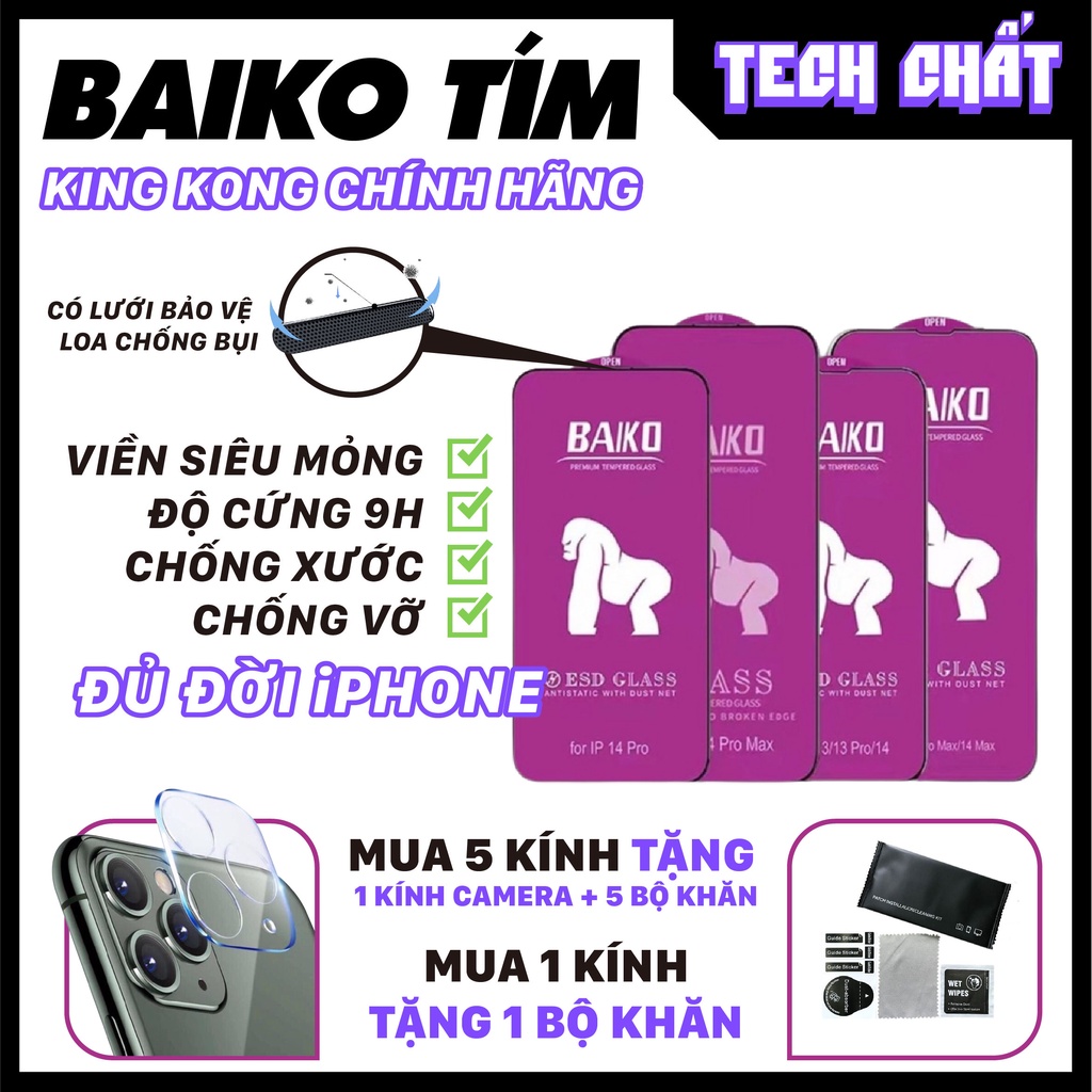 Kính Cường lực King Kong BAIKO TÍM FULL MÀN ESD chống tĩnh điện Có lưới bảo vệ loa phủ nano cao cấp cho iphone tech chất