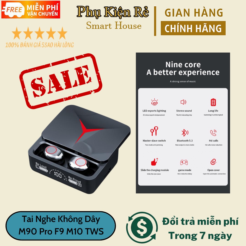 Tai Nghe Không Dây M90 Pro F9 M10 TWS Bluetooth 5.3 Âm Thanh Nổi Thấp Kèm Hộp Sạc Ốp