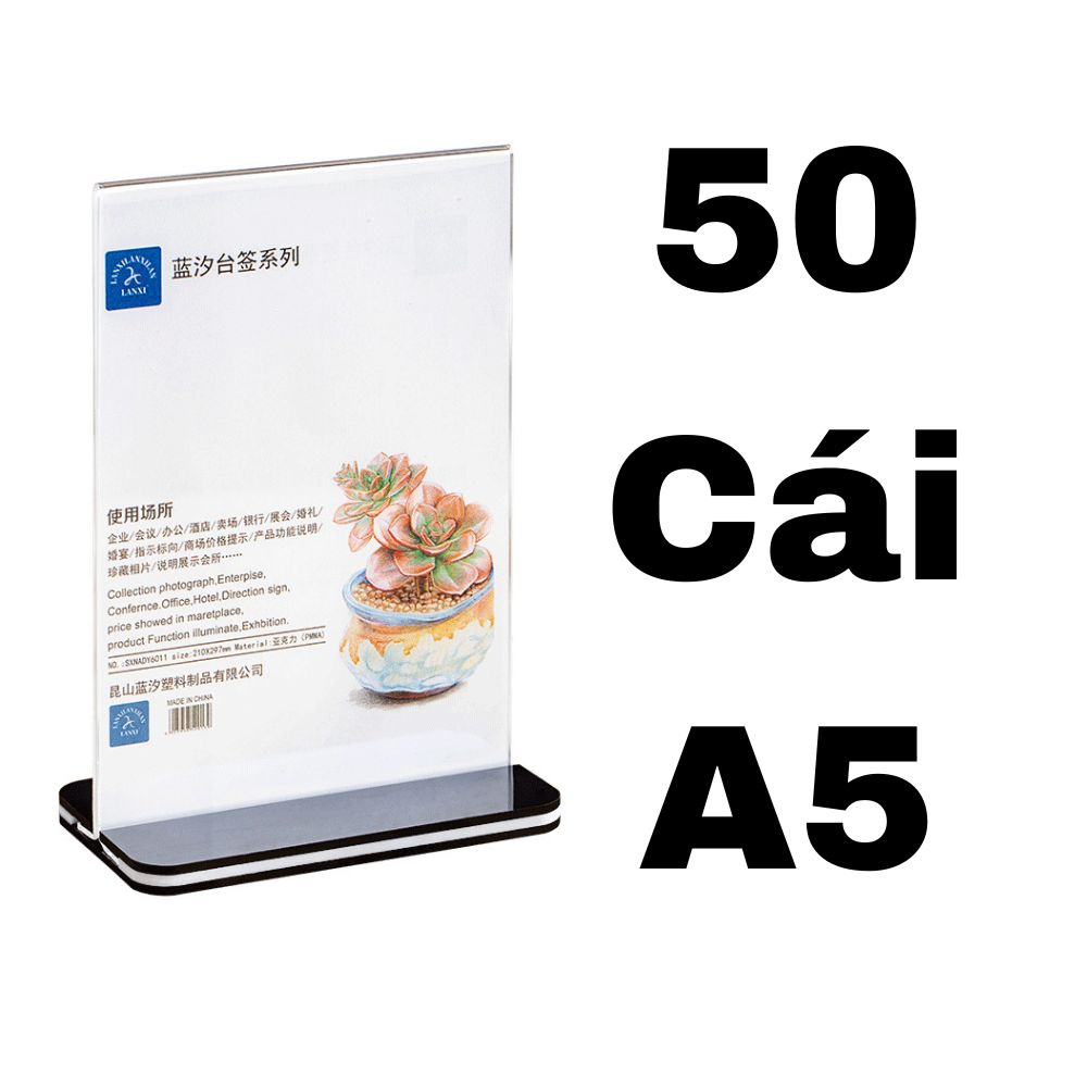 (50 Cái) Menu Mica A5, Để Bàn, Khổ Dọc, Trong Suốt, Hình Chữ T, Đế Đen - Hàng Nhập Khẩu Đài Loan