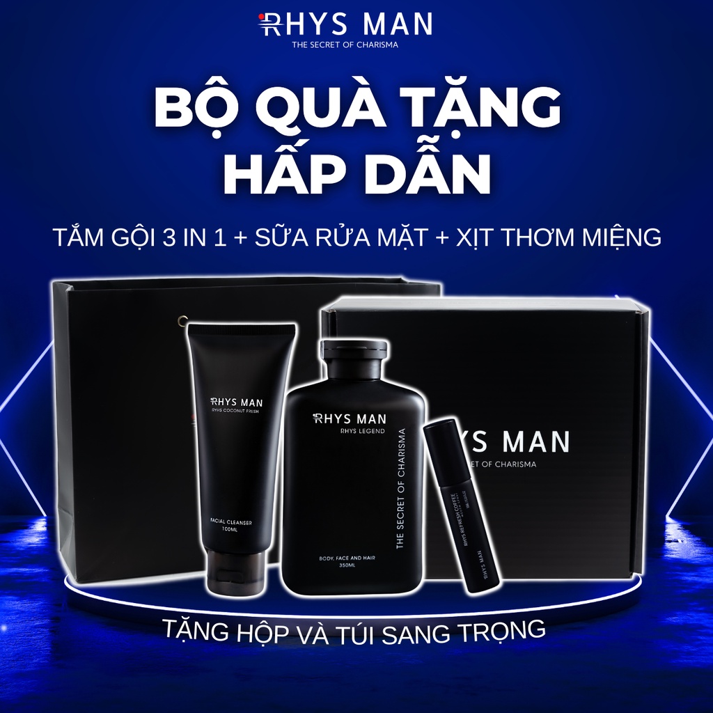 Quà tặng nam Sữa tắm gội 3 in 1 hương nước hoa & Sữa rửa mặt hương dừa 100ml & Xịt thơm miệng 10ml RHYS MAN