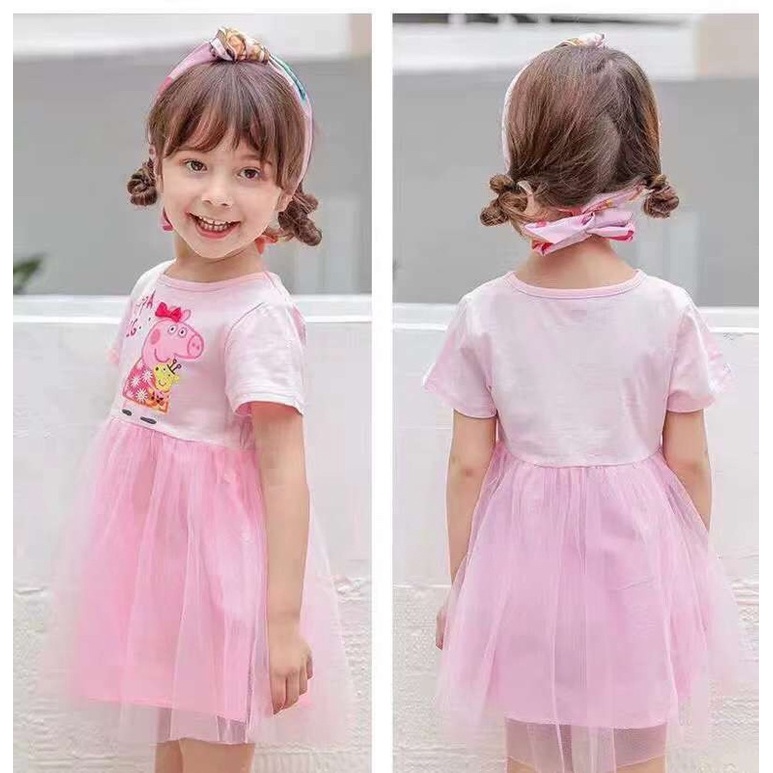 Váy Bé Gái In Hình Peppa Thun Cotton Phối Chân Voan Màu Hồng