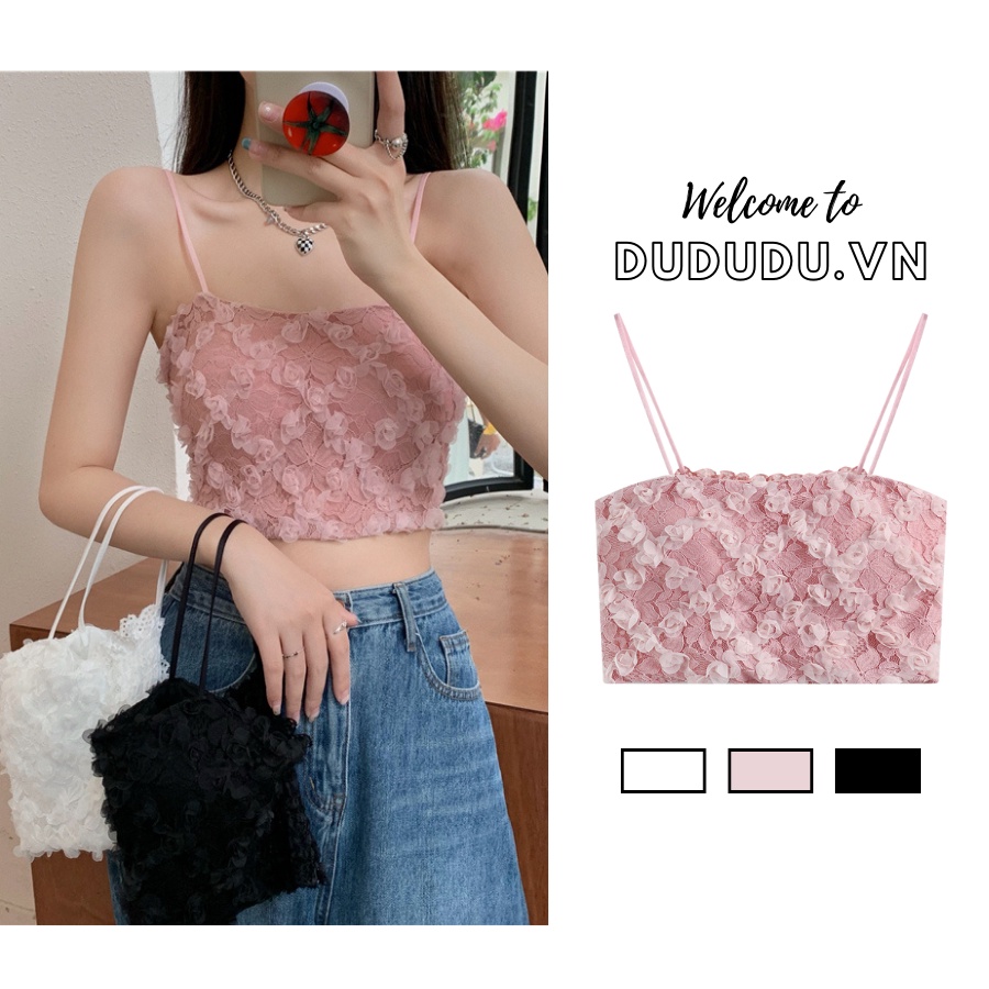 Áo bra croptop ren có mút đệm ngực, họa tiết hoa quyến rũ, tươi mới, áo hai dây thời trang dành cho nữ