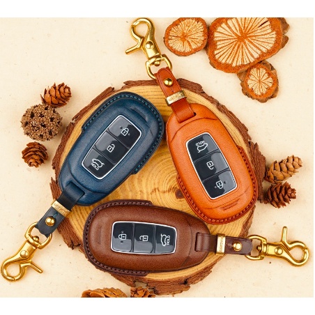 Bao da chìa khoá xe ô tô Hyundai Santafe 2019, 2020, Kona, ... 3 nút - da bò thật Buttero Ý, may tay thủ công