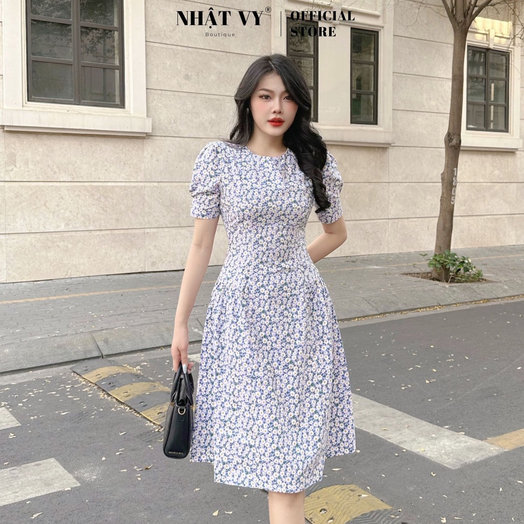 Đầm hoa đi chơi Nhật Vy cổ tròn nhún bên eo cách điệu dáng xoè chất kate phù hợp công sở dạo phố sang chảnh - D2662