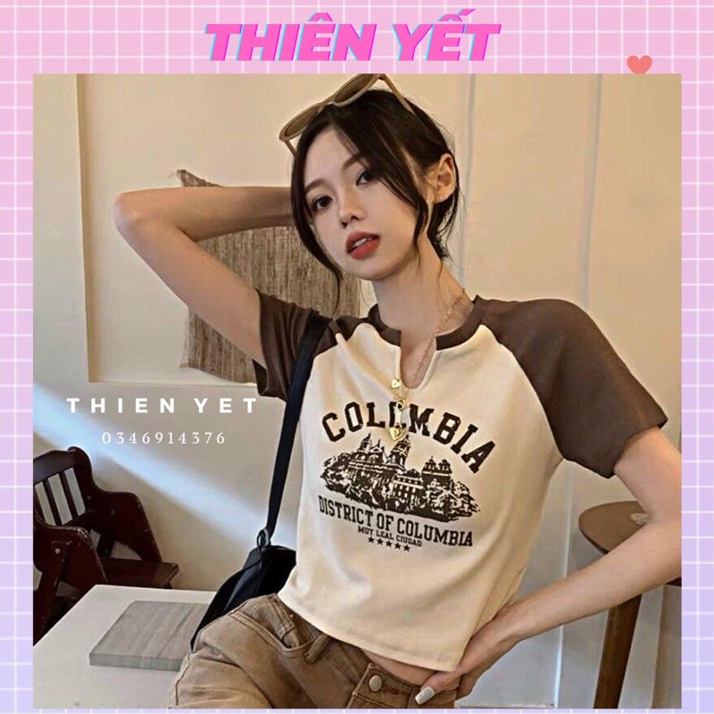 Áo Croptop Ôm Body Nữ COLOMBIA Tay Ngắn Cổ Xẻ V, Áo Thun Croptop Kiểu Sexy In Họa Tiết - Thiên yết