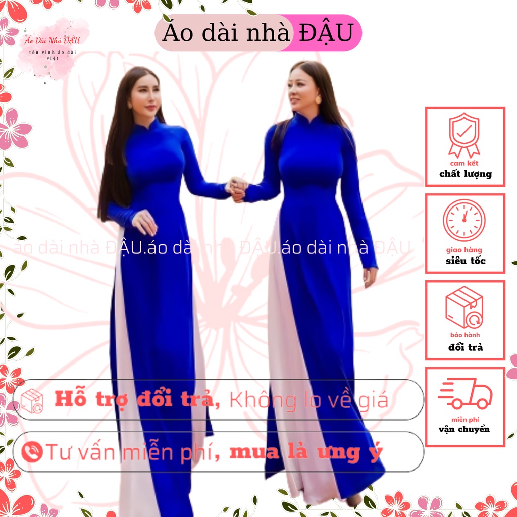 Áo dài xanh dương coban đậm trơn truyền thống may sẵn lụa mỹ cao cấp áo dài nhà ĐẬU