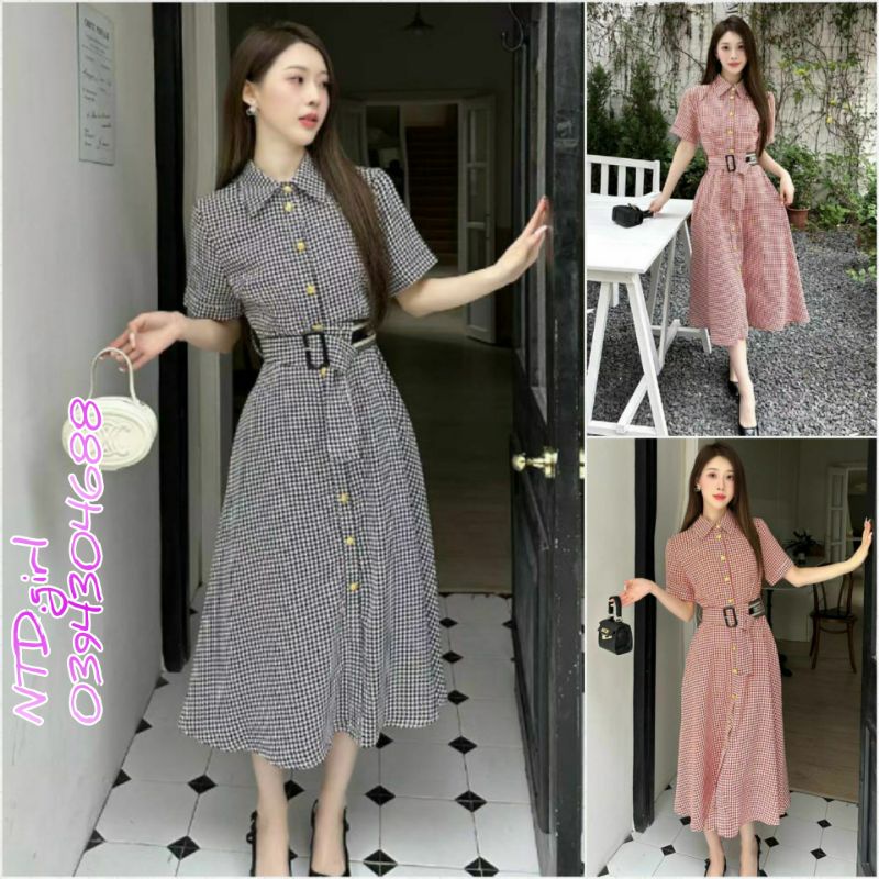 Hàng nhập - Đầm dáng xòe lụa caro cổ sơ mi, váy công sở tay ngắn kèm belt cách điệu rất xinh