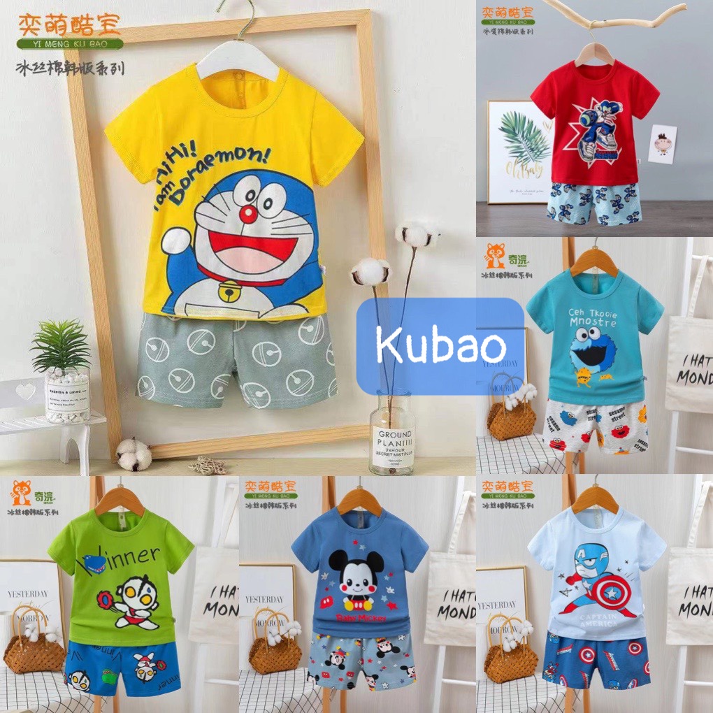 (QiQi,Kubao 8-15kg)Đồ bộ trẻ em - Bộ quần áo cotton cộc tay xuất Hàn cho bé trai (0,5 - 3 tuổi)